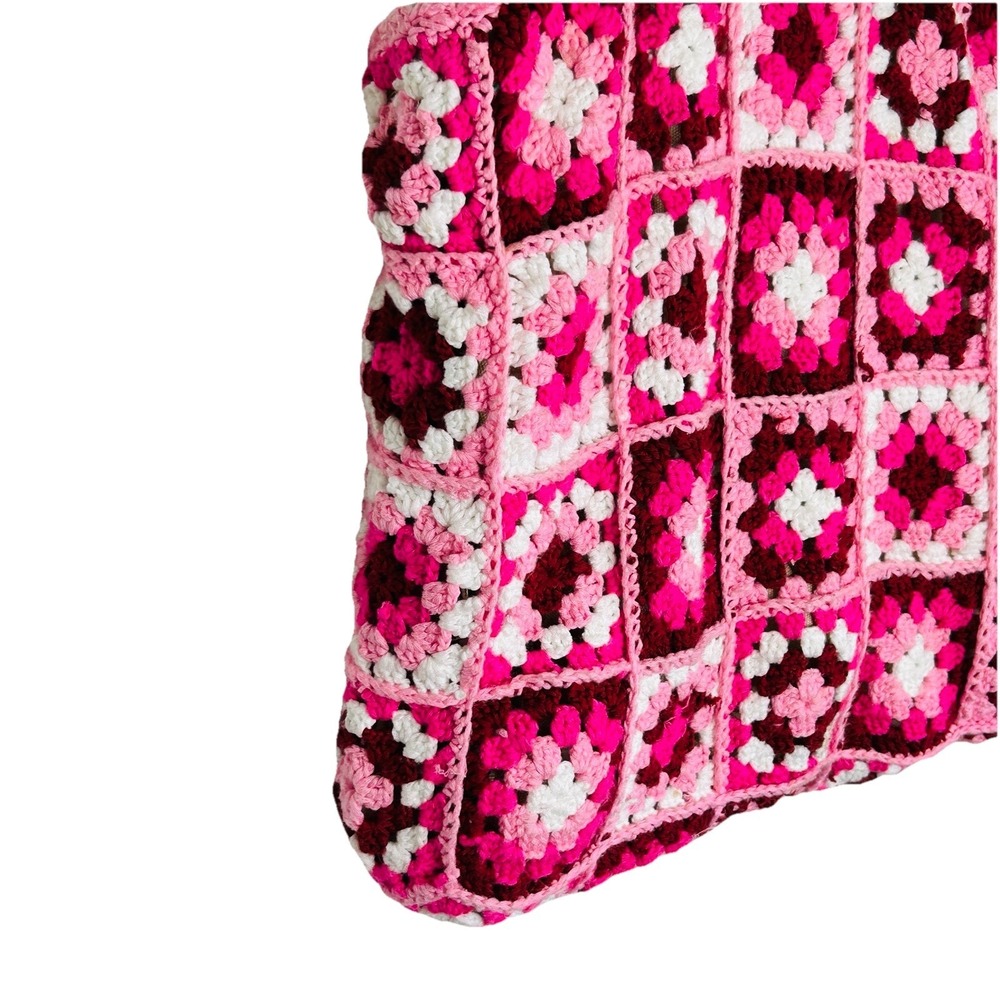 Boho Crochet Granny Square Purse Handbag Bamboo Style Handles Retro Hippie Pink - Picture 5 of 11